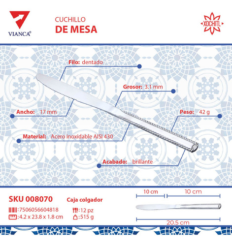 Cuchillo De Mesa Vianca 12 Pz. Acero Inox. Colección Xochitl Color Pulido espejo