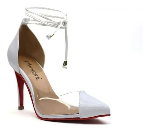 Scarpin Transparente Vinil Salto Alto Preto Tira Amarrar