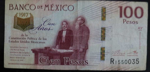 Billete $100 Constitución Mexicana 100 Años Conmemorativo