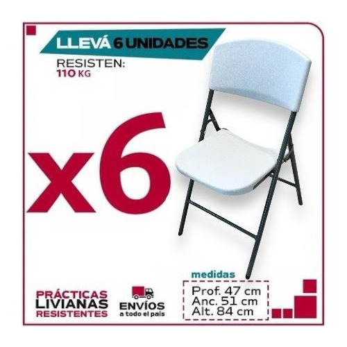 Juego 6 Sillas Plegables De Metal Y Pvc Blanca Reforzada