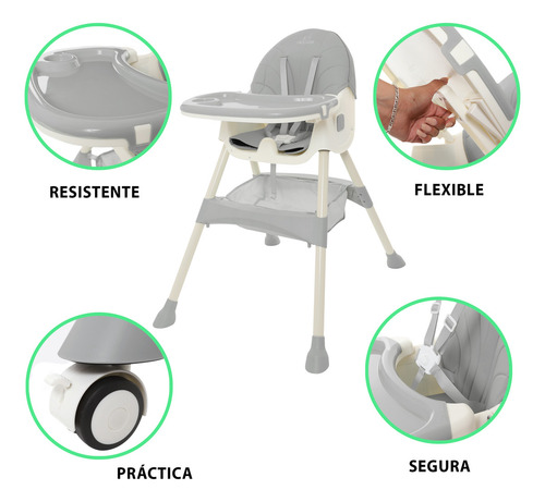 Silla alta periquera bebe Kiddos mecedora con llantas 5 en 1 ajustable y plegable asiento piel bandeja extraíble segura color gris