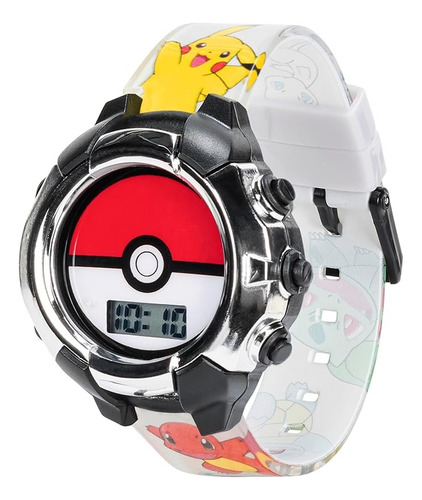 Reloj Pulsera Pokemon Quartz Pikachu Mew Charmander Squirtle Correa Blanco Bisel Plateado Fondo Blanco