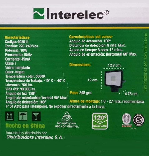 Reflector Sensor Movimiento Led 10w Interelec Ip54 L Negro