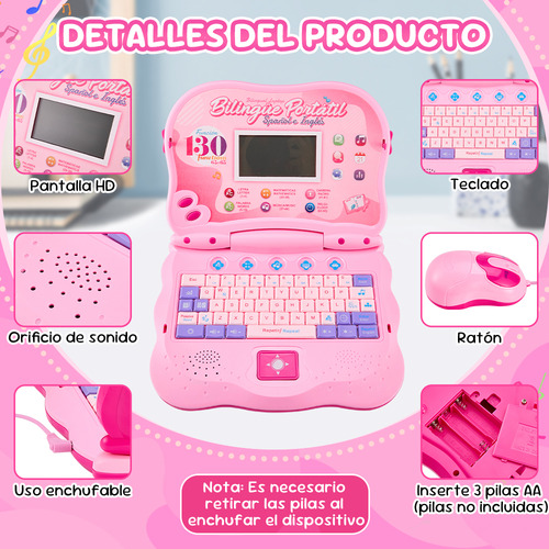 Computadora Laptop Niño Juguete Didáctica Español Ingles 130 Color Rosa