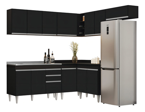 Armário Cozinha De Canto 7 Pçs Cp21 C/ Pia Inox Pto Cor Preto