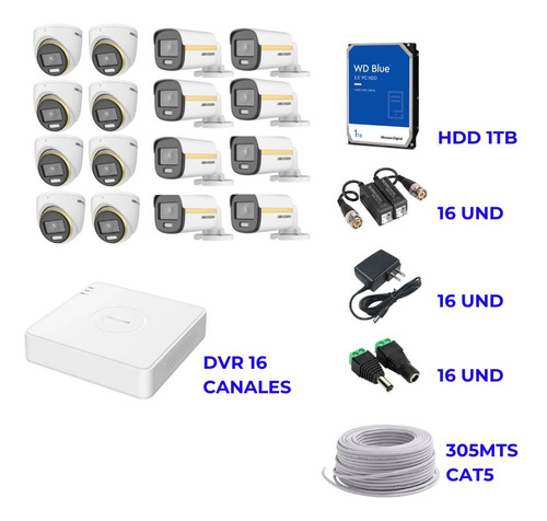 Kit Seguridad Hikvision 16 Camaras  1080p Full Hd Color Vu 