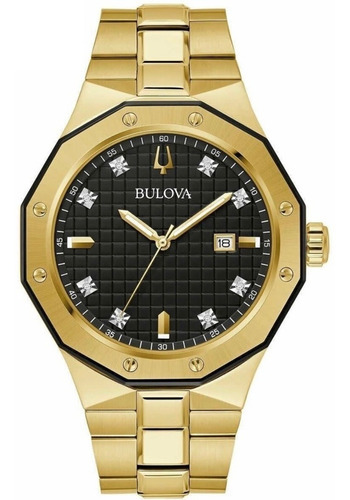 98d182 Reloj Bulova Clasico Octagonal Diamante 42mm Dorado Color del fondo Negro