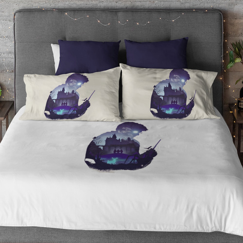 Jogo de Cama Casal Lençol sem Elástico Plano Harry Potter Elementos Magia Bruxaria Hogwarts 9 3/4 Hermione Rony Avada Kedavra Fã