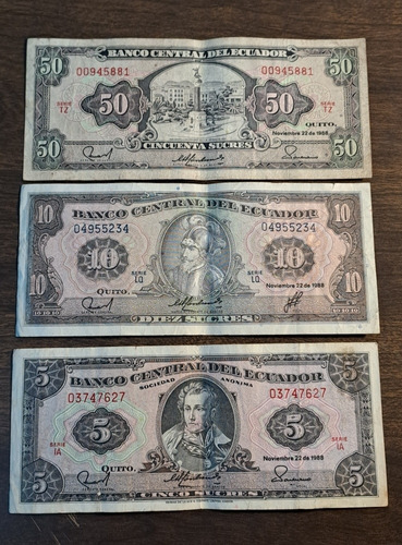 Ecuador X 3 Billetes 5, 10 Y 50 Sucres 1988. Muy Usados!!! 