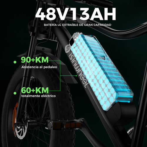 Isinwheel M10plus Bicicleta Eléctrica Motor De 45km/h 1200w Autonomía De 90km Neumáticos Anchos De 26 X4,0/1.95 Bicicleta De Montaña Eléctrica Para 13ah Y Suspensión Delantera
