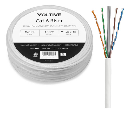 Elevador Voltive Cat6 (cmr), 100 Pies, Blanco, Cobre Desn...