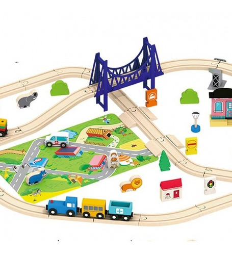 Imagen 4 de 7 de Tren Vias 65 Pzs Pista Puente Y Animales Madera Acool Ac7509