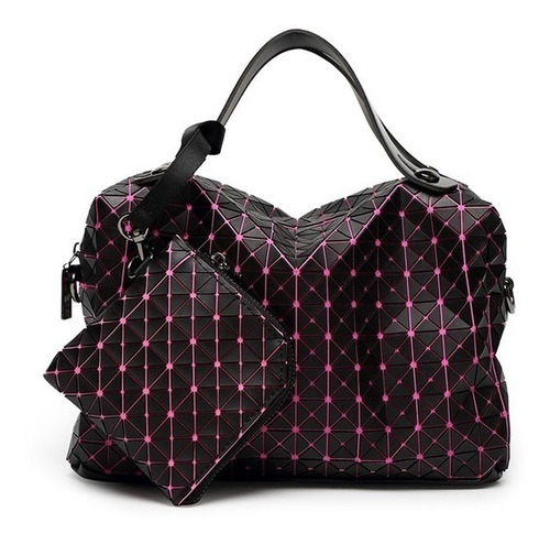 Bolsa De Mano Con Monedero Geométrica Negra Con Rosa 