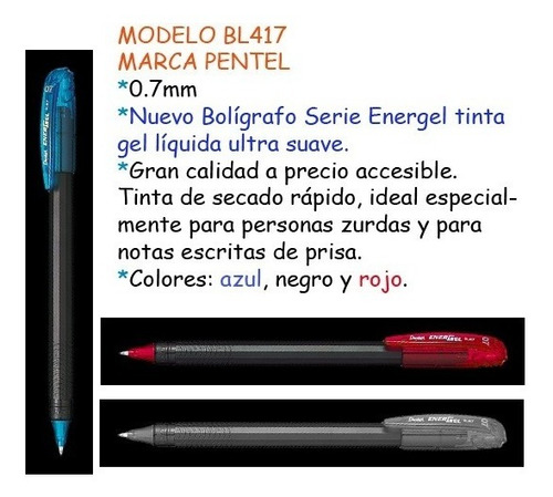 Boligrafo Pentel Tinta Energel Bl417  12 Pzas Incluye Envio