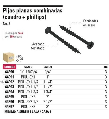 Imagen 2 de 4 de Pija Plana Cuadrex No. 8 X 2-1/2' Fiero 44896