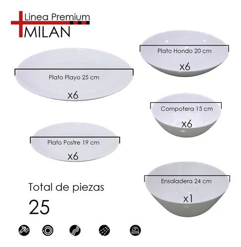 Vajilla Blanca De Opalina X Set De 25 Piezas Milán
