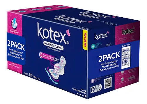 Toallas Femeninas Kotex Maxi Nocturna Con Alas 100 Piezas