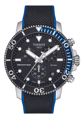 Relógio de pulso analógico masculino Tissot T120.417.17.051.03 com pulseira de resina preta, bisel prateado e fivela dupla