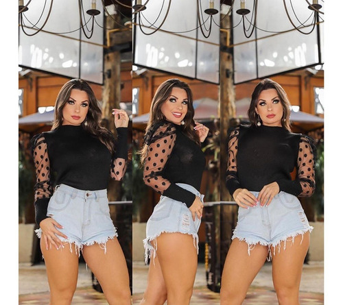 Imagem 3 de 4 de Blusa Camila Tule Poá Trico Inverno Bufante Gola Alta