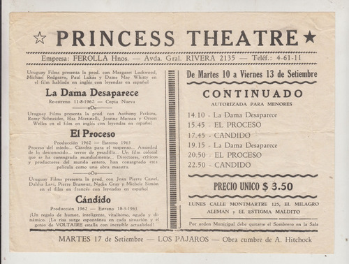 1963 Programa Sala Cine Princess Theatre Vintage Montevideo