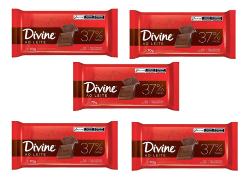 05 Barras Chocolate Ao Leite 37% Cacau Sem Glúten Divine 70g
