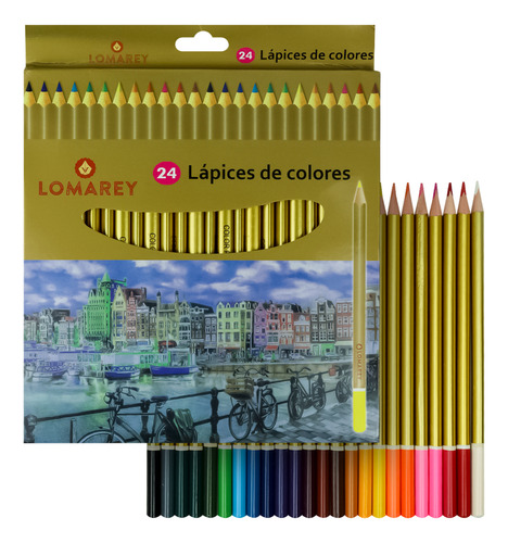24 Lápices Colores Largos Triangulares Dorados Lomarey