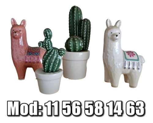 Juego 4 Figuras De Cerámica Adorno Llamas Cactus Decoración