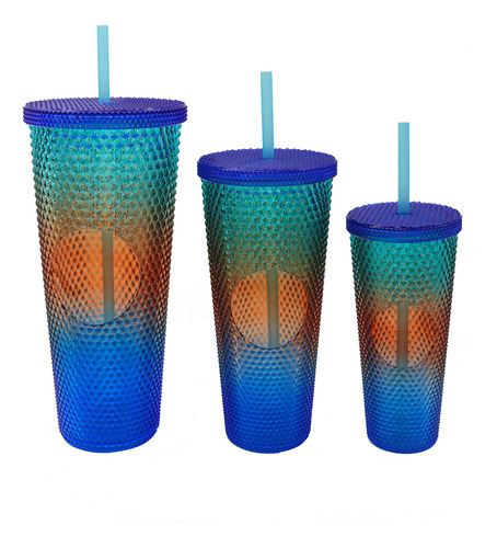 Trio Vasos Texturizados Con Tapa Y Popote Colores Degradados