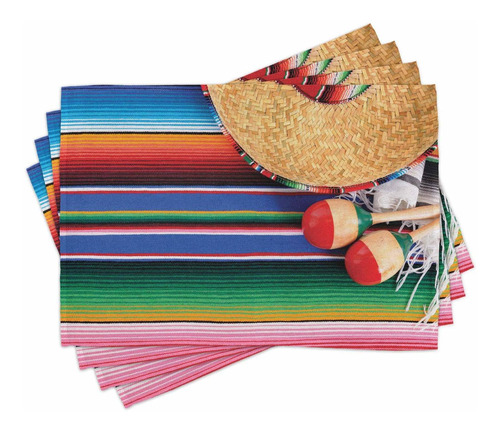 Lunarable Juego De 4 Tapetes Mexicanos, Sombrero De Paja Con
