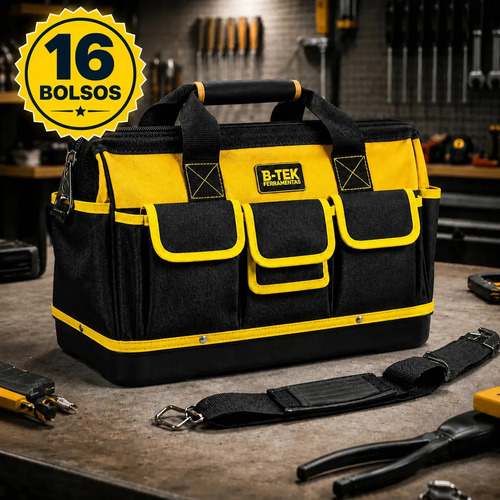 Bolsa Ferramentas Reforçada Grande Lona B-TEK BT-398 Mala 16 Bolsos 15kg Eletricista Encanador Mecânico Mochila Fundo Emborrachado Manutenção Predial Porta Ferramenta Profissional Preto E Amarelo