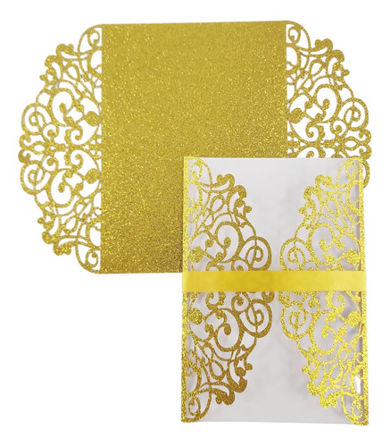 50 Invitaciones Sobre Corte Laser Glitter Oro Solar Gf-335 - 16x11cm