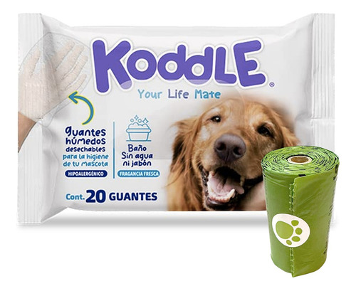 Guante Koddle P/mascotas Todos Los Tamaños + Bolsas P/heces Blanco