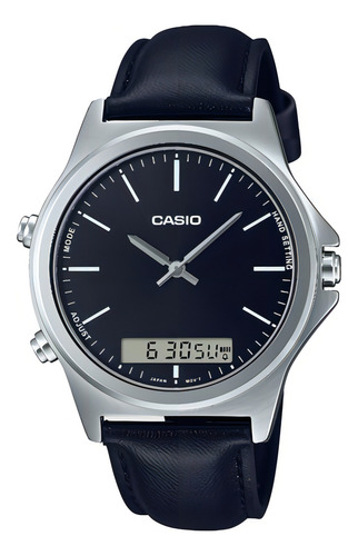 Reloj Casio Piel Negro Hora Doble Cronometro Mod Mtp-vc01l-1 Color del bisel Plateado