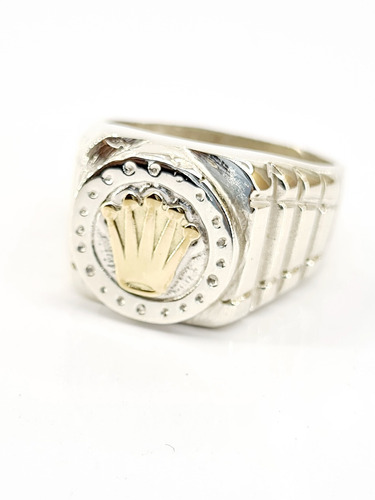 Anillo Sello Hombre Corona Plata 925 Y Oro 