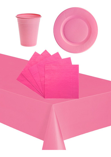 Combo Kit Cumple Set Plato Vaso Servilleta Mantel Rosa