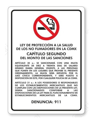 Señalamiento Prohibido Fumar Ley Sanitaria Letrero 25x35