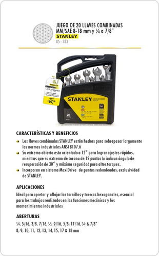 Imagen 2 de 3 de Juego De 20 Llaves Combinadas Stanley 85-783 Mm/sae