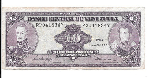 Liquido Billete De Venezuela.  10 Bolívares 1995