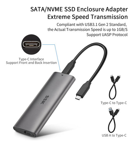Ssk Aluminio M.2 A Usb Nvme Sata Ssd Caja Lector, Sin Her...