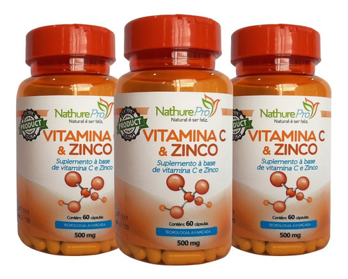 Kit 3 Vitamina C E Zinco Premium 60 Cápsulas 500mg Sem Sabor