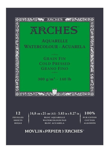 Bloco Aquarela Arches 300g 100% Algodão 12fls A5 Grano Fino