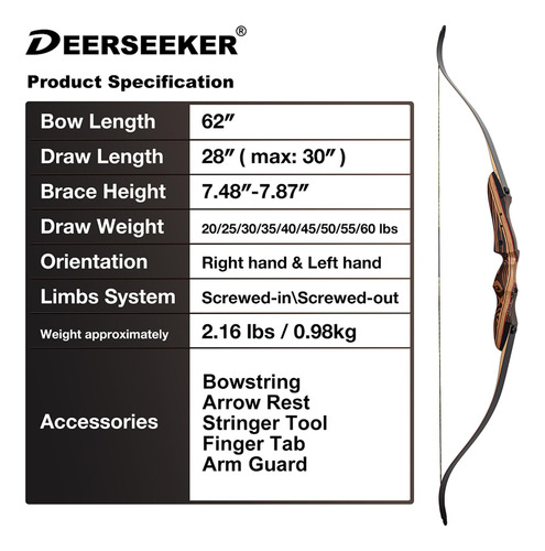 Juego De Arco Recurvo Deerseeker 62 Pulgadas Para Adultos Y Marrón Ambidiestro