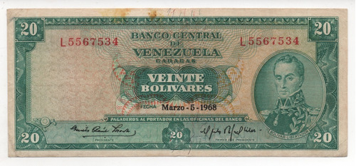 Billete De 20 Bs Marzo 1968 L7