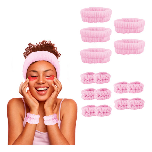 Diler Kit 5 Piezas Diadema Y Muñequeras Para Skincare Maquillaje Mascarilla Spa De Microfibra Liso Color Rosa