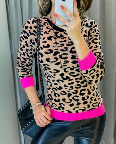 Imagem 3 de 4 de Blusas Femininas Tricot Trico Modal Animal Print Neon Zebra