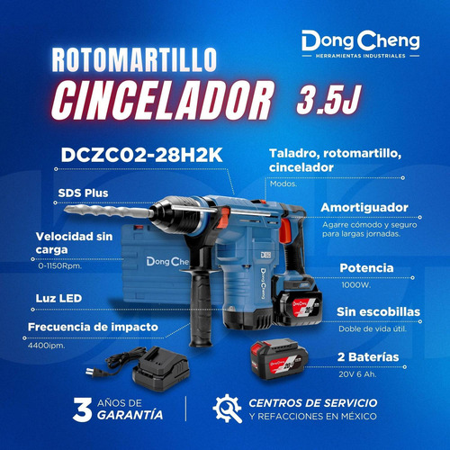Rotomartillo cincelador Dongcheng Dczc0228h2k inalámbrico brushless baterías 20v 6.0ah 1100w