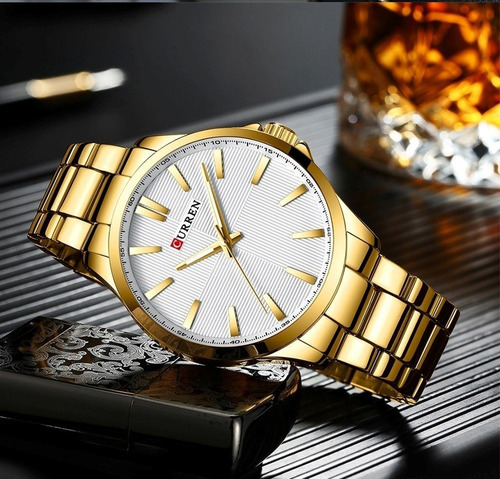 Relogio Masculino Curren Aço Inoxidavel Dourado Caixa 50mm Visor Prata Detalhes Dourado Dimensional Frete Grtais