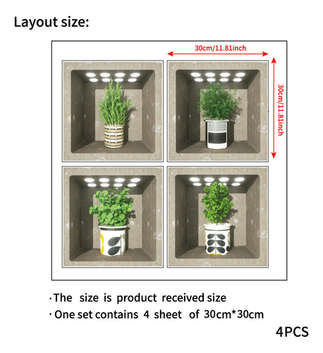 4 Pegatinas De Pared Con Plantas Verdes En 3d Para Decoració