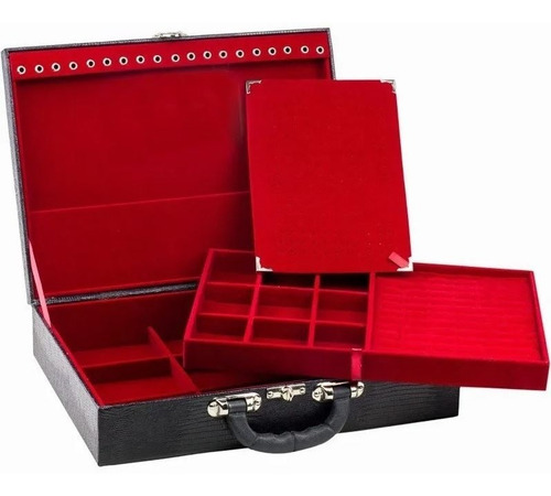 Kit 03 Maletas Estojo Porta Jóias Couro Cores - Grande Dupla