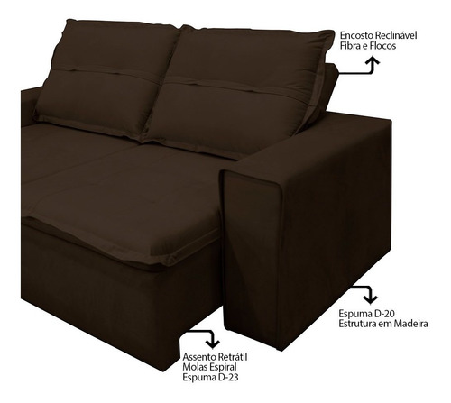 Sofá reclinable retráctil 226 cm, 3 asientos, Scenes F05 Velvet M, color marrón
